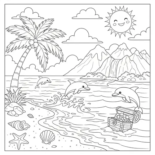 Island Coloring Page for Kids | Fun Seashells, Dolphins, Treasure Chest