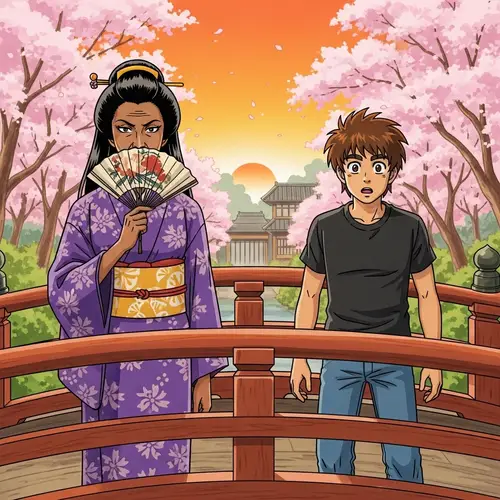 1970s Style Anime Scene: South Asian Female & Hispanic Male on Japanese Footbridge