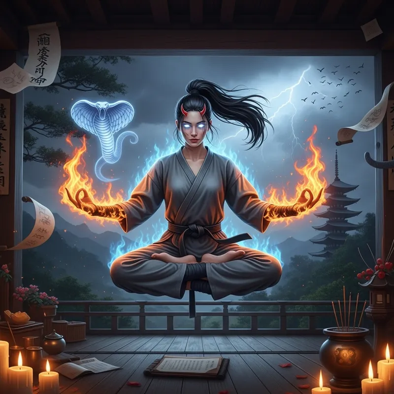 Levitating American Martial Artist in Lotus Pose with Devilish Eyes