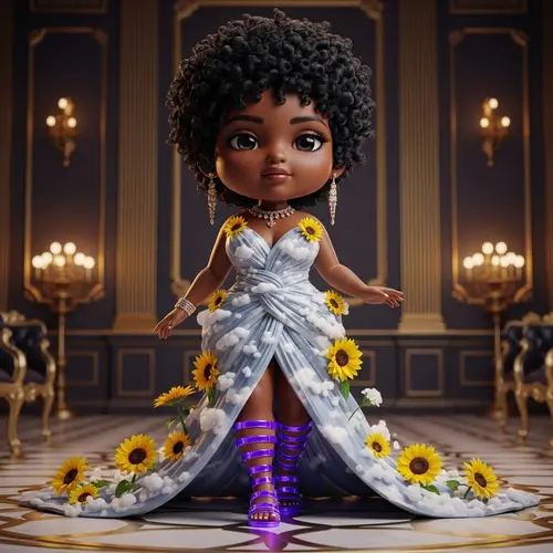 8K High Society Scene in Deep Gold & White with Chibi Woman