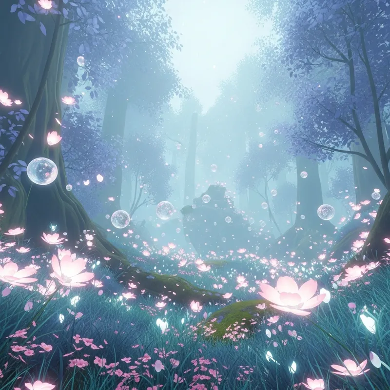 Enchanting Mystical Forest with Glowing Flowers and Orbs