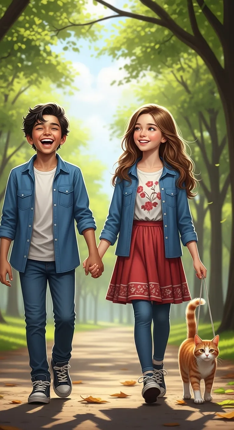Captivating Scene: Charming 12-Year-Old Boy & Girl Walking in a Lush Park