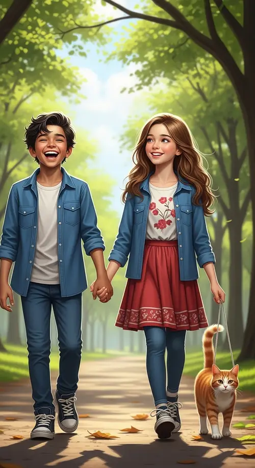 Realistic Depiction of a Charming Young Boy and Girl in a Lush Park Setting