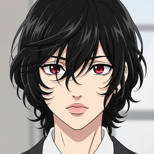 Anime Boy with Black Wavy Hair and Red Eyes
