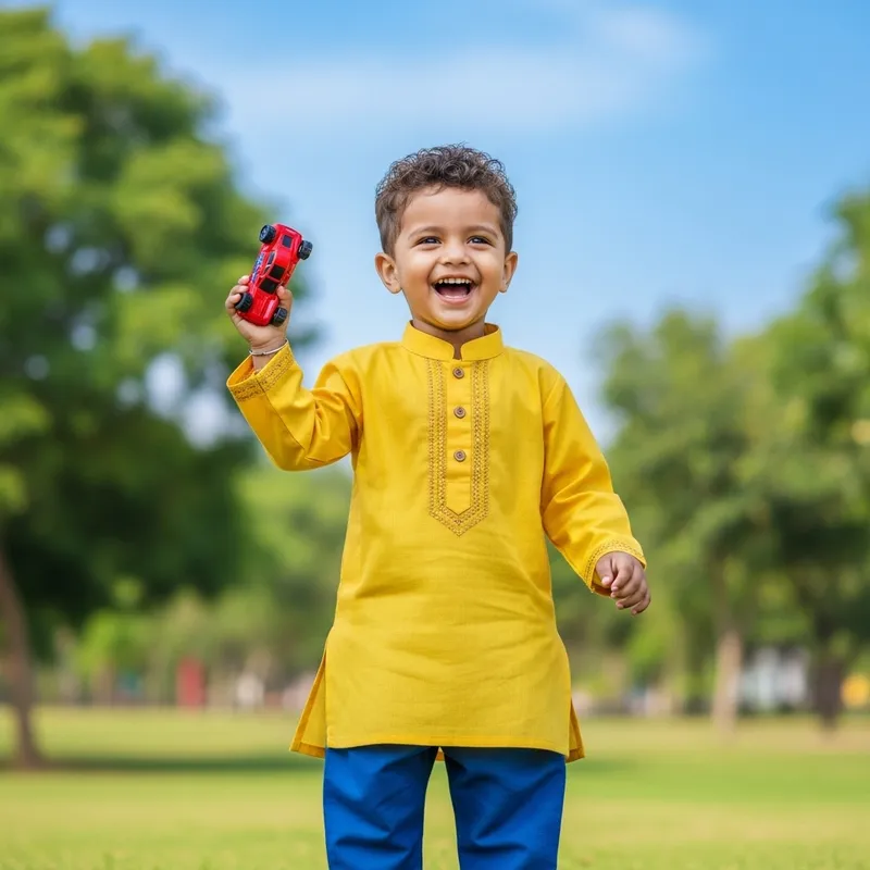 Happy South Asian Child Playing with Toy Car in Park