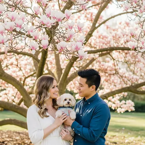 Beautiful Caucasian and Asian Couple with Small Dog under Magnolia Tree
