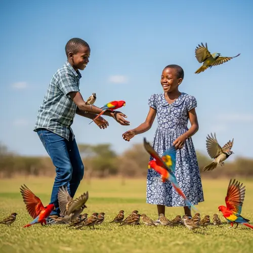 Young African Boy and Girl Playing with Birds