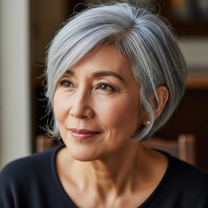 Distinctive Silver-Gray Pixie Haircut for Mature Woman