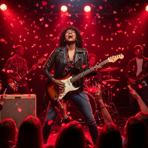 Passionate Black Woman Rocking Guitar on Valentine's Day Stage