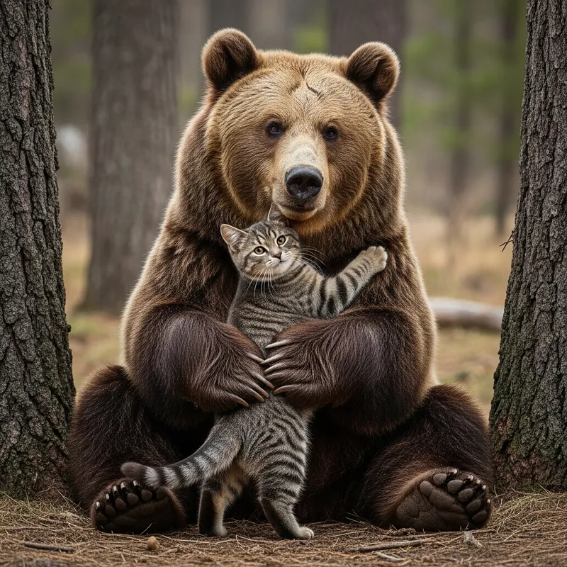 Cat Hugging Bear in Woods | Unlikely Friendship