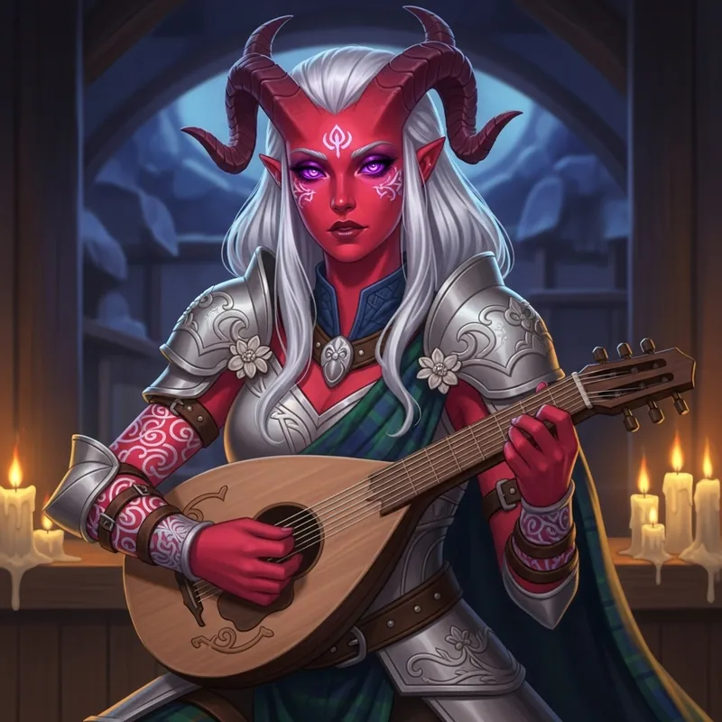Scottish Tiefling Bard Character Concept Art | Ethereal Aura & Celtic Tattoos
