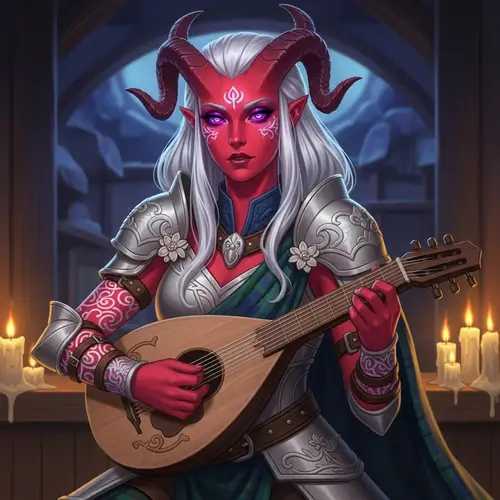 Scottish Tiefling Bard Character Concept Art | Glowing Red Skin, White Hair