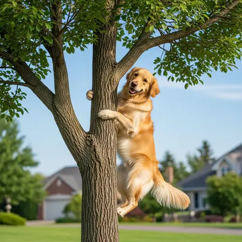 Lively Golden Retriever Climbing Tree | Serene Suburban Scene