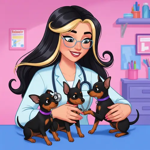 Colorful Illustration of Long-Haired Veterinary Assistant with Miniature Pinscher Puppies