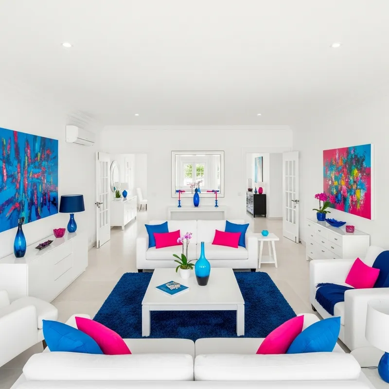 Contemporary White Living Room with Colorful Accents