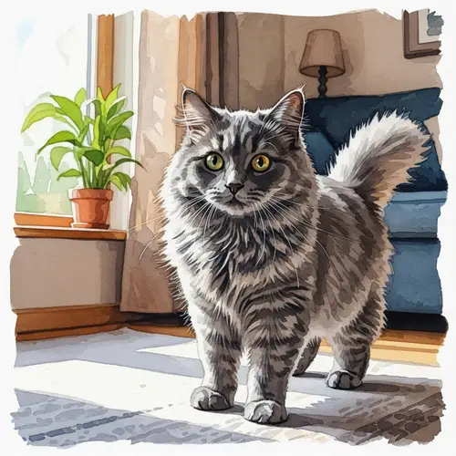 Playful Fluffy Gray Cat: Award-Winning Watercolor Art