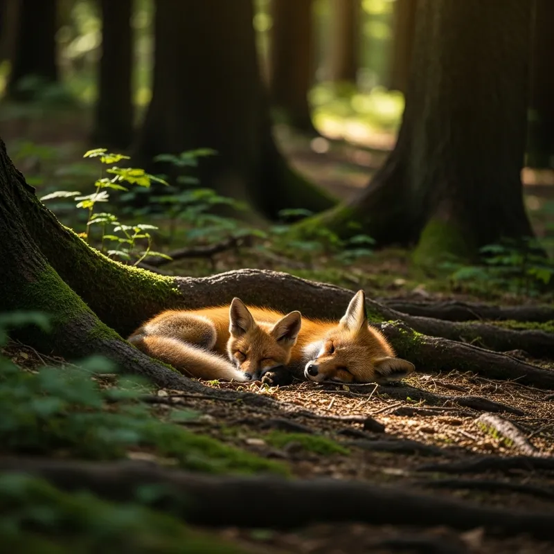 Red Foxes in a Forest: A Touching Scene Red Foxes in a Forest: A Touching Scene
