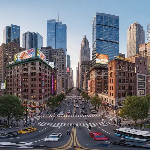 360-Degree Panoramic View of Vibrant City Life with Diverse Skyline