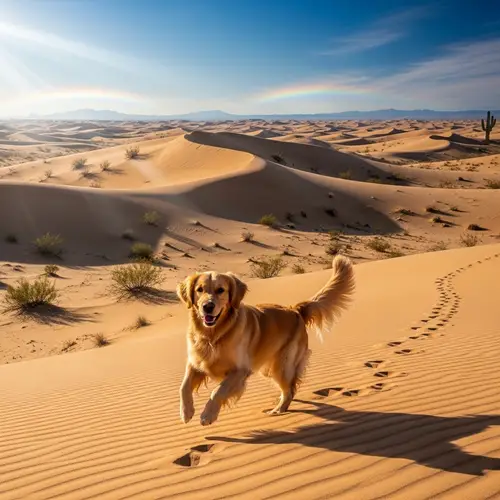 Golden Retriever Playfully Explores Vast Desert | Dog in Desert