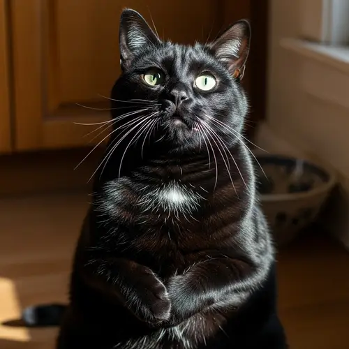 Adorable Black Cat with White Spot Begging for Food