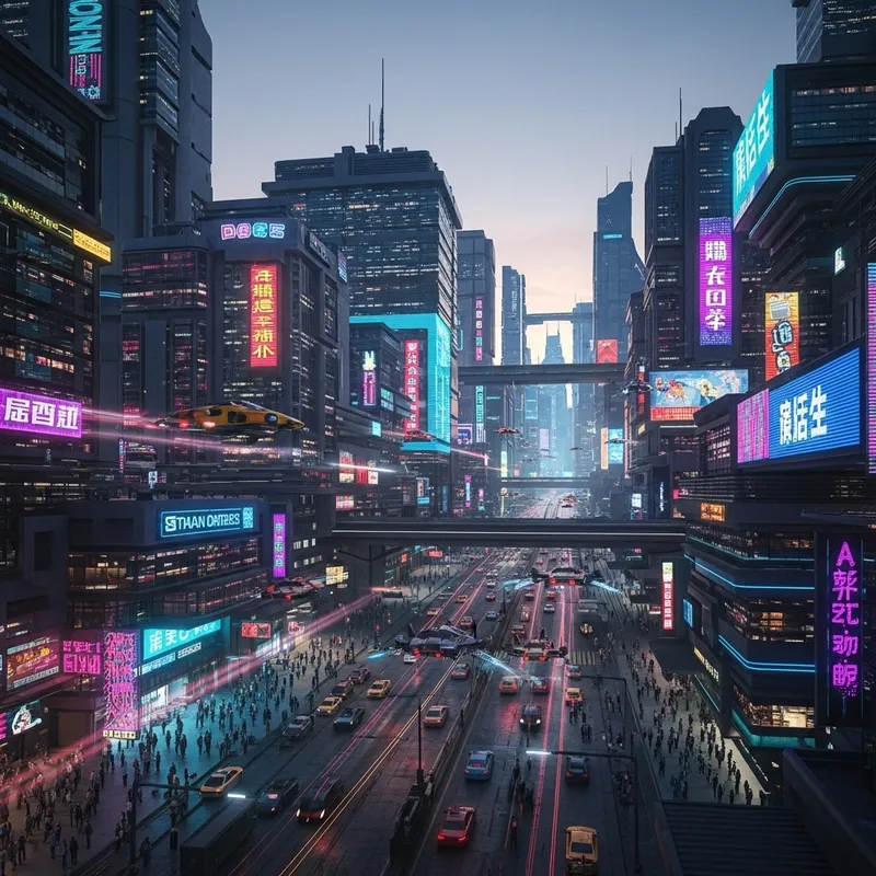 Neon Cyberpunk Cityscape: Dusk Skyline & Flying Cars