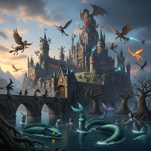 Mythical Creatures Castle-School with Basilisk and Mermaids