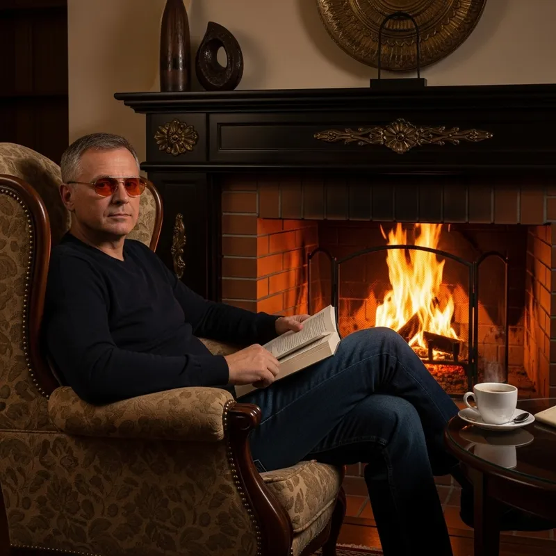 Cozy Scene: Man with Tinted Glasses by Roaring Fireplace