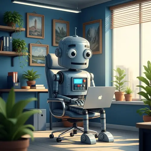 Cartoon-Style Robot Using MacBook in Serene Office Setting