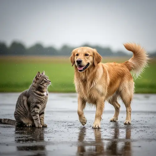Playful Dog and Cat Outdoors | Rainy Day Fun