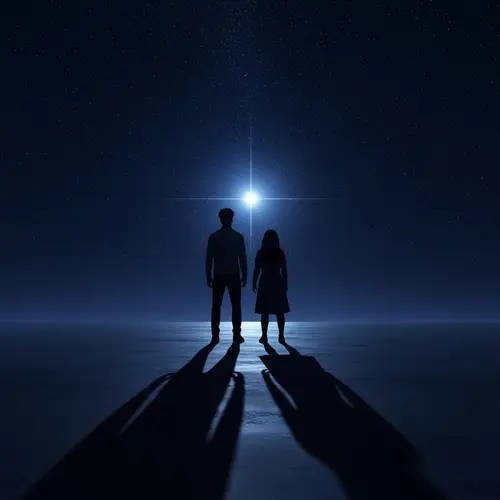 Celestial Figures Standing Back-to-Back in Cosmic Scene