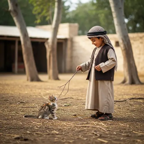 Joyful Middle-Eastern Boy Playing with Kitten in Farmyard