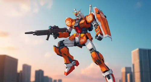 Dynamic Orange and White Gundam in Action | Futuristic Infographic Style