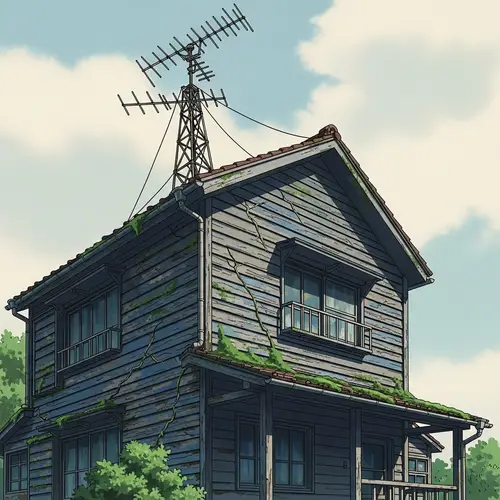Nostalgic Old Wooden House with Antenna | Anime V3 Style