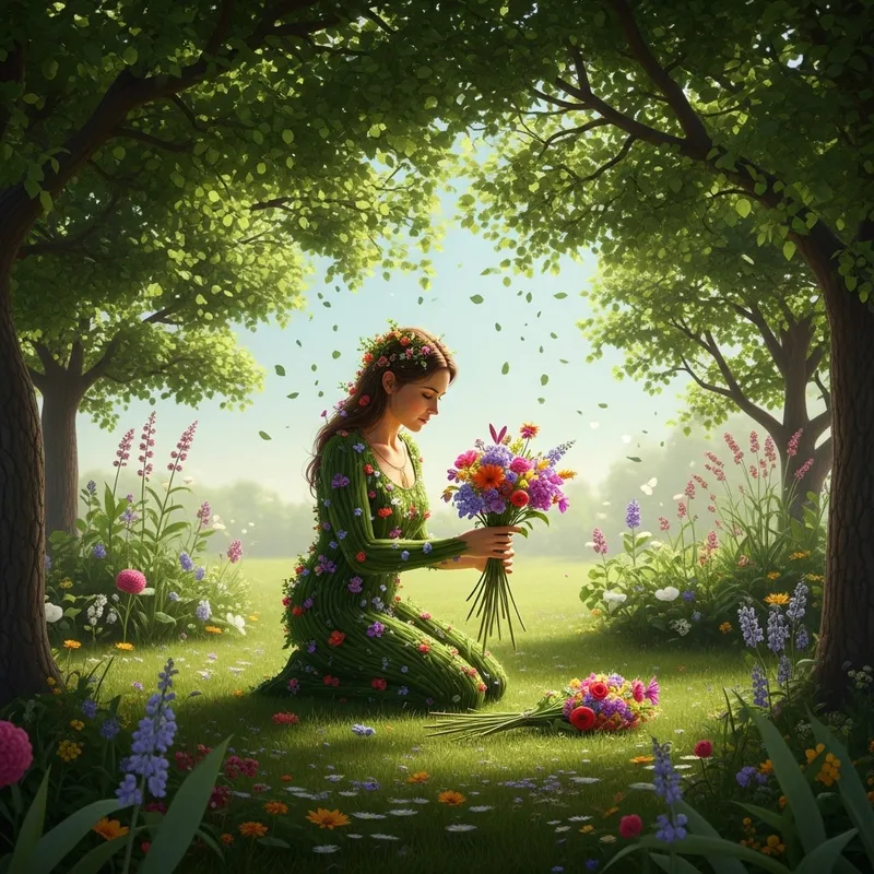 Botanical Bouquet: Woman Creating Flower Arrangement Among Foliage