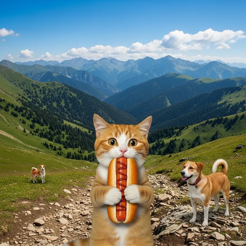 Cat and Dog Encounter in Mountain Landscape