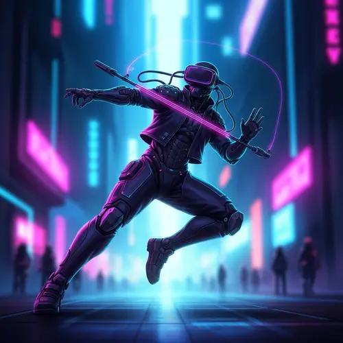 Cybernetically Enhanced Humanoid in Neon-Lit Virtual Cityscape