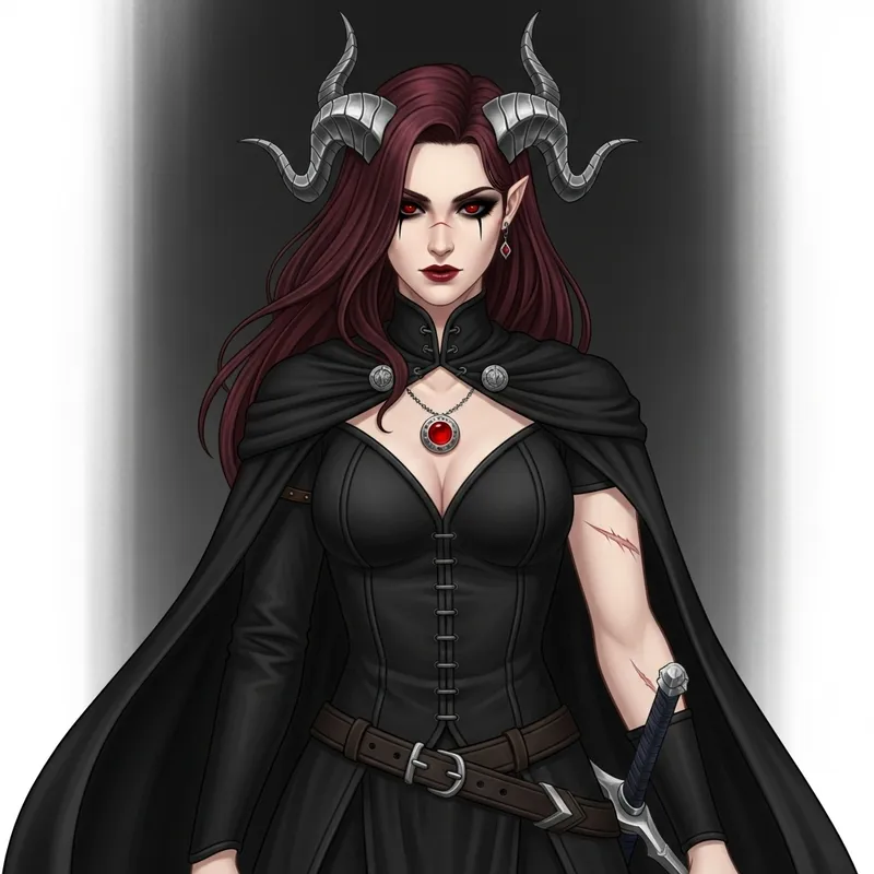 Woman in Black Medieval Fantasy Costume with Silver Horns and Burgundy Hair