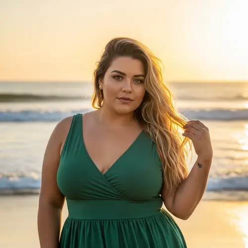Confident Plus-Size Hispanic Woman on Serene Beach at Sunset