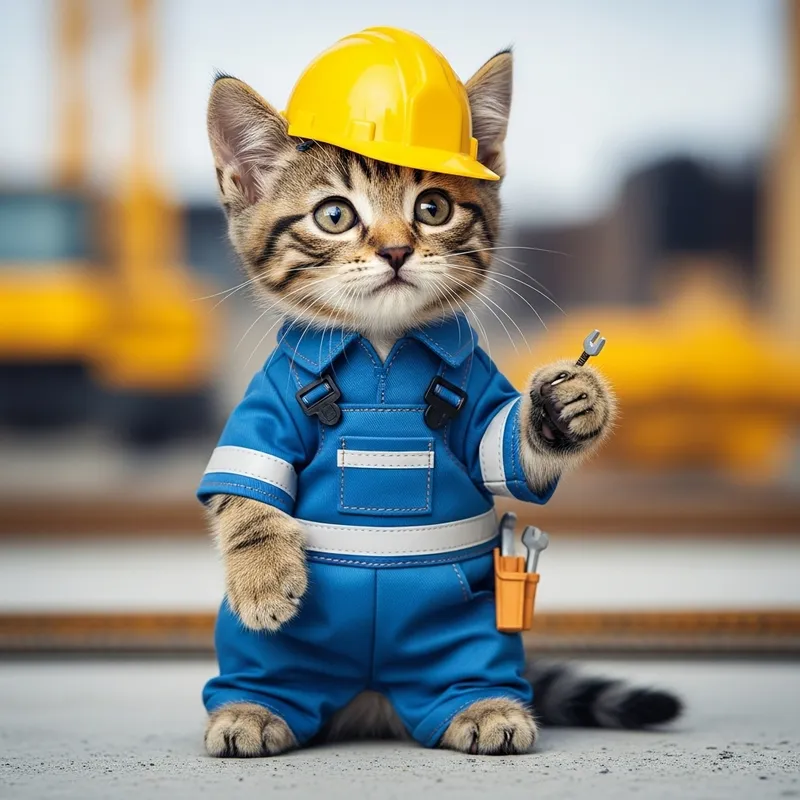 Adorable Kitten in Construction Jumpsuit and Hard Hat
