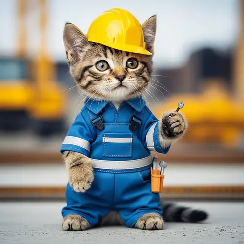 Adorable Kitten in Construction Jumpsuit and Hard Hat