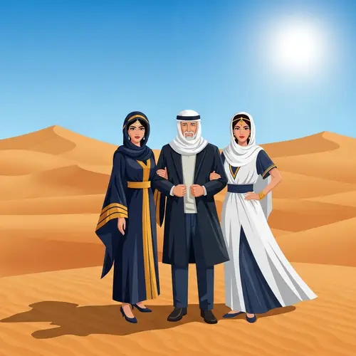 Wealthy Man and Diverse Women in Desert Scene