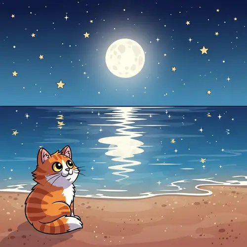 Cartoon Cat Enjoying Serene Beach Night Sky | Website