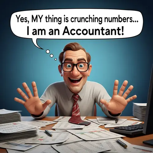 Vibrant 3D Render: Enthusiastic Accountant at Cluttered Desk