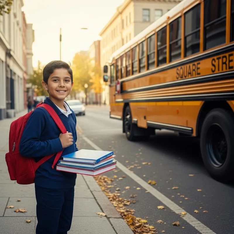 Boy Waiting for School Bus on Square Street