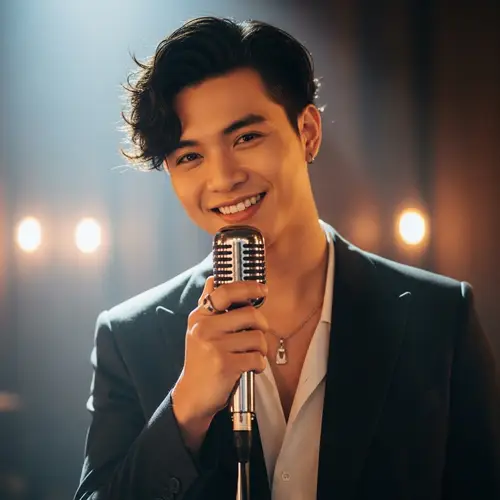 Professional Asian Male Singer with Silver Microphone