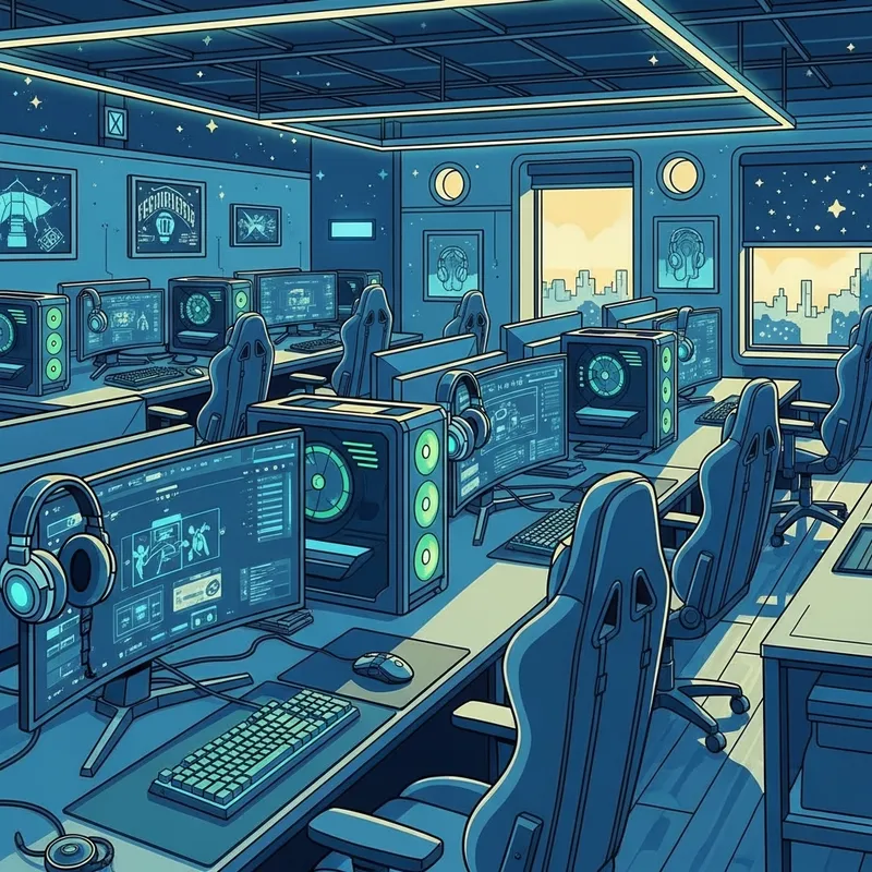 Retrofuturistic Esports Gaming Club with Gaming Setups