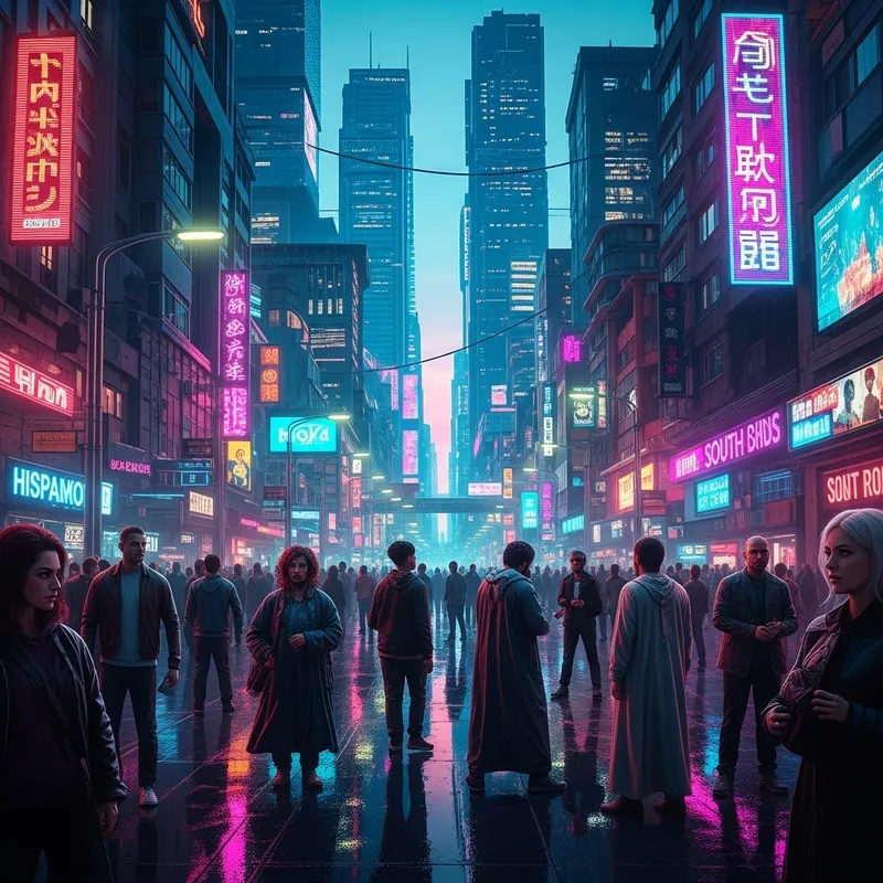 Vibrant Cyberpunk Cityscape at Dusk - Neon Lights & Urban Bustle