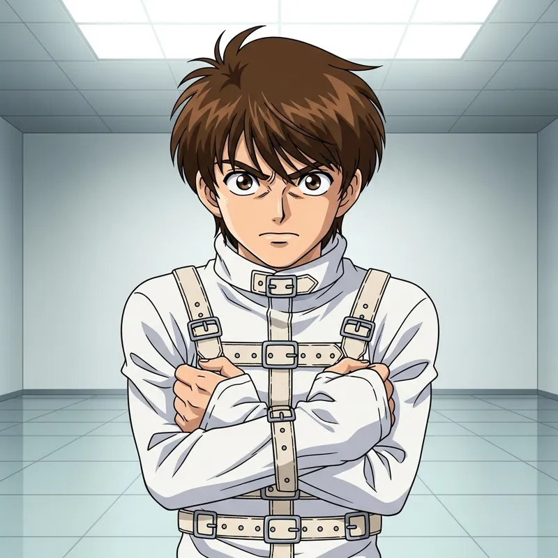 Anime Boy in Straitjacket | Brown Messy Hair Character Design Anime Boy in Straitjacket | Brown Messy Hair Character Design