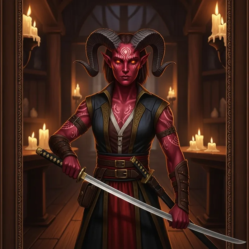 Crimson Tiefling with Katana: Dark Fantasy Scene in Candlelit Tavern