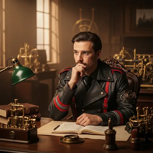Steampunk-Inspired Image of a Thoughtful Man in Lavish Workspace